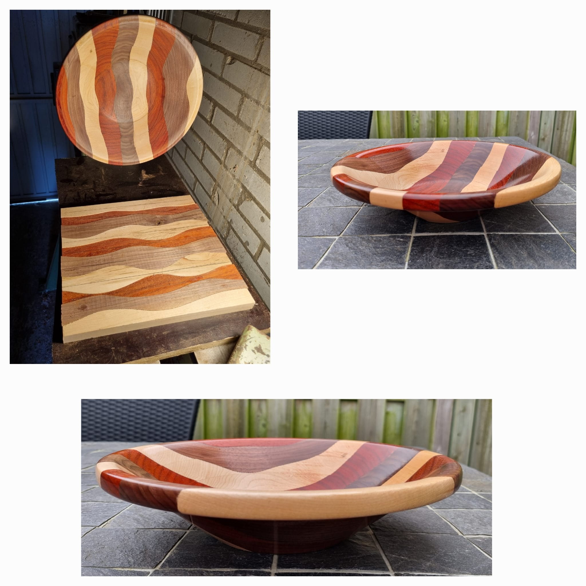 3 soorten hout: padouk, essen en notenhout 