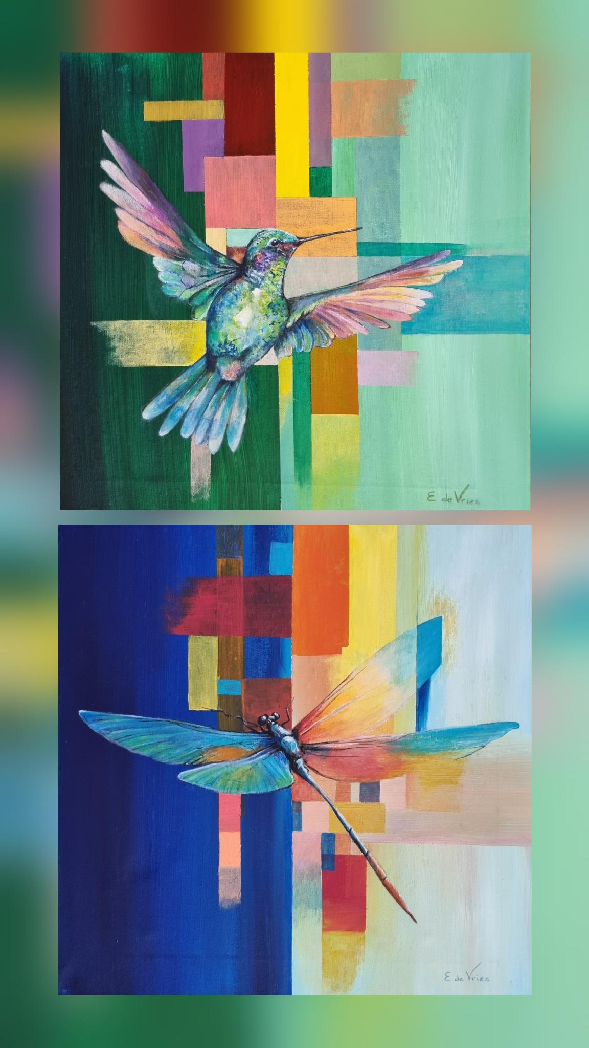 40 x 40 cm  ( zonder lijst gefotografeerd)
 met lijst (die mee geschilderd is in de kleuren van het schilderij) €95,-- per 
stuk. 
Kolibri is verkocht